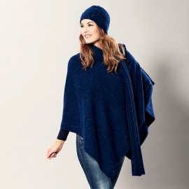 Blauwe gebreide poncho in kasjmier met vlamdraden