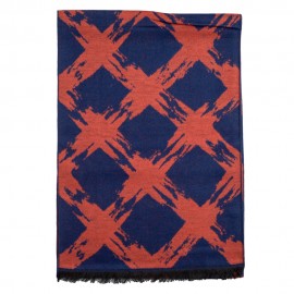 Sjaal in geborsteld zijde met oranje/blauw patroon