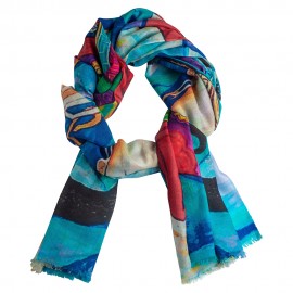 Kasjmier-omslagdoek met print in blauwe kleuren