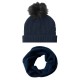 Blauwe muts met kwast en nekwarmer in kasjmier