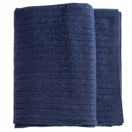 Indigo kabelgebreide deken in merino en kasjmier