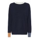 Marineblauwe trui met details in wit, blauw en camel