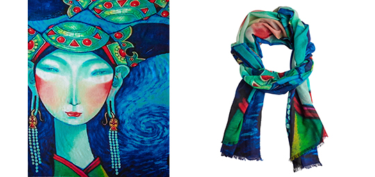 Kasjmier omslagdoek met print in turkoois en blauw